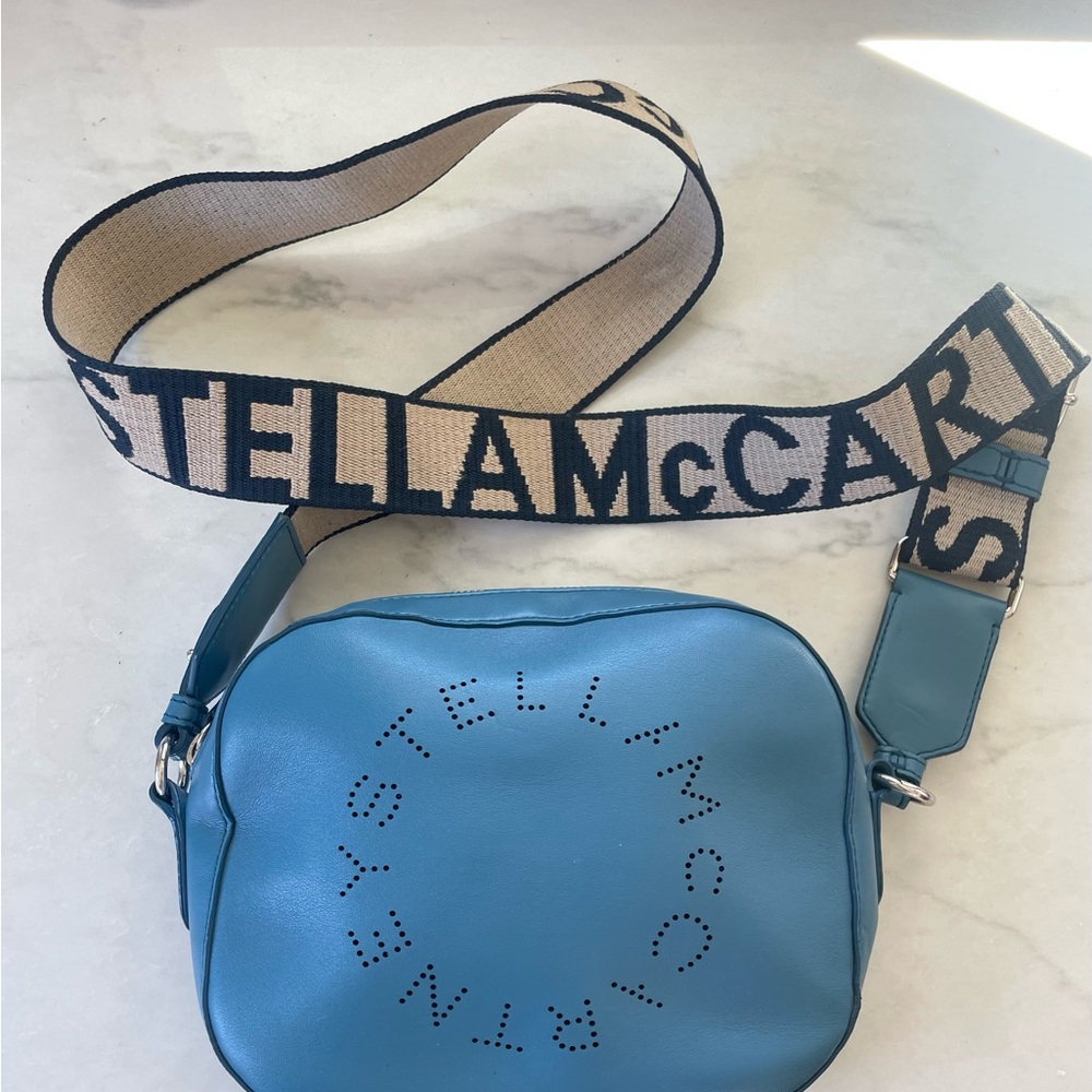 Stella McCartney Teal Crossbody Mini Camera Bag with Logo Strap